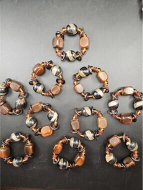 10 Beaded Napkin Rings Amber Brown Stripe Boho Natural Feel Sensory Stimulating